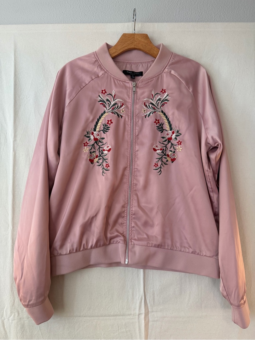 Romeo & Juliet Couture Pink Embroidered Satin Bomber Jacket